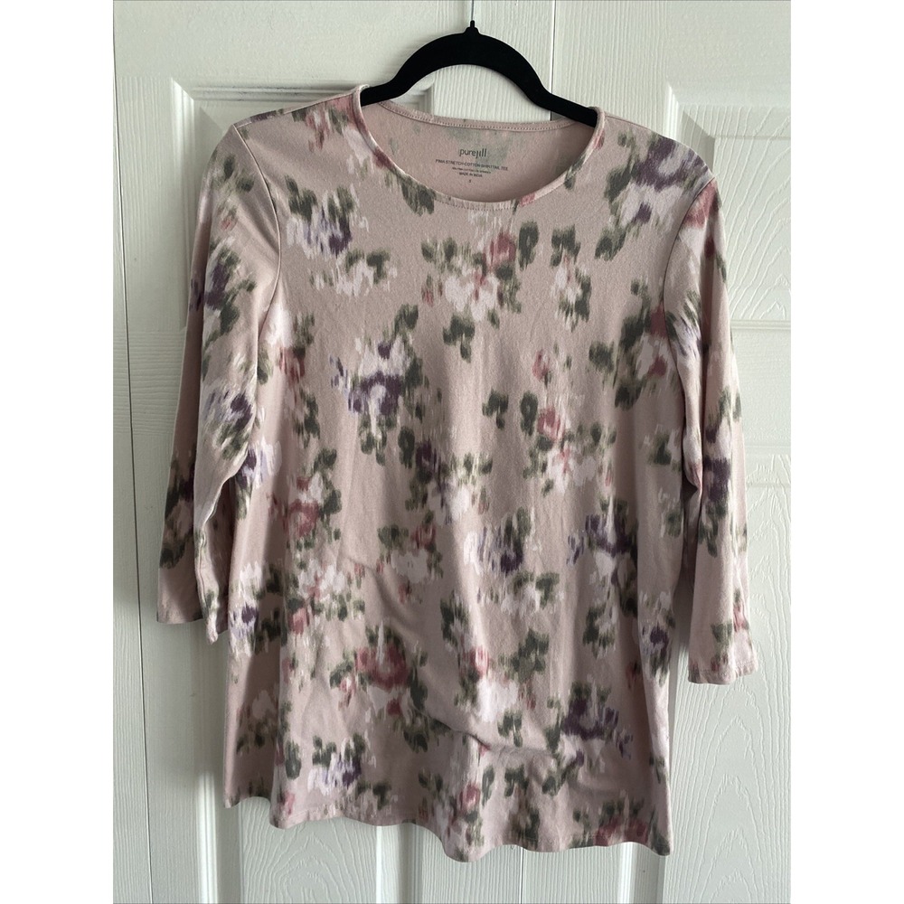 Pure Jill Pima Stretch Shirttail Tee Womens Size S Pink Floral 3/4 Sleeve Cotton